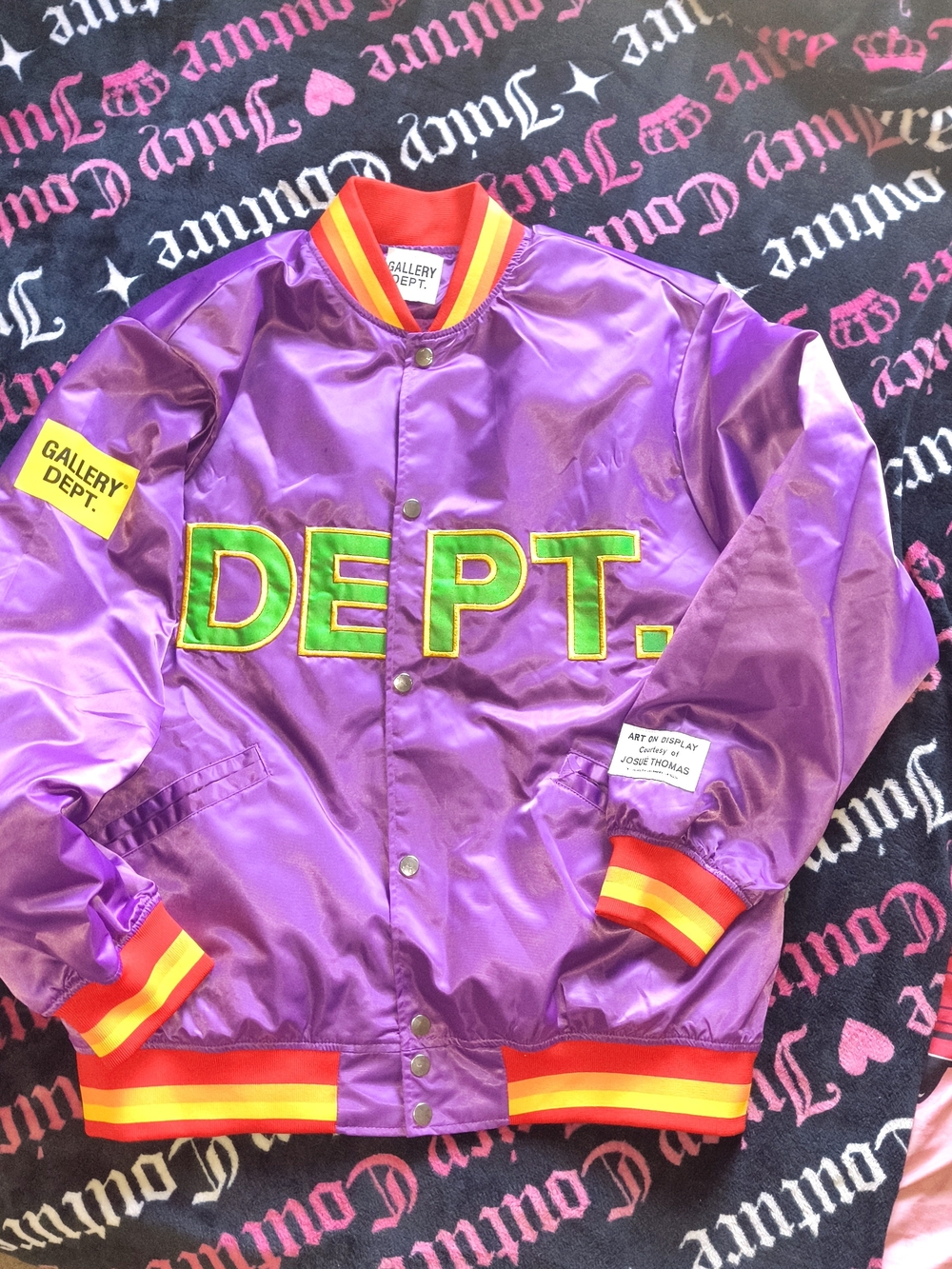 Gallery Dept Purple Satin Jacket with Green Lettering and Red & Yellow Trim